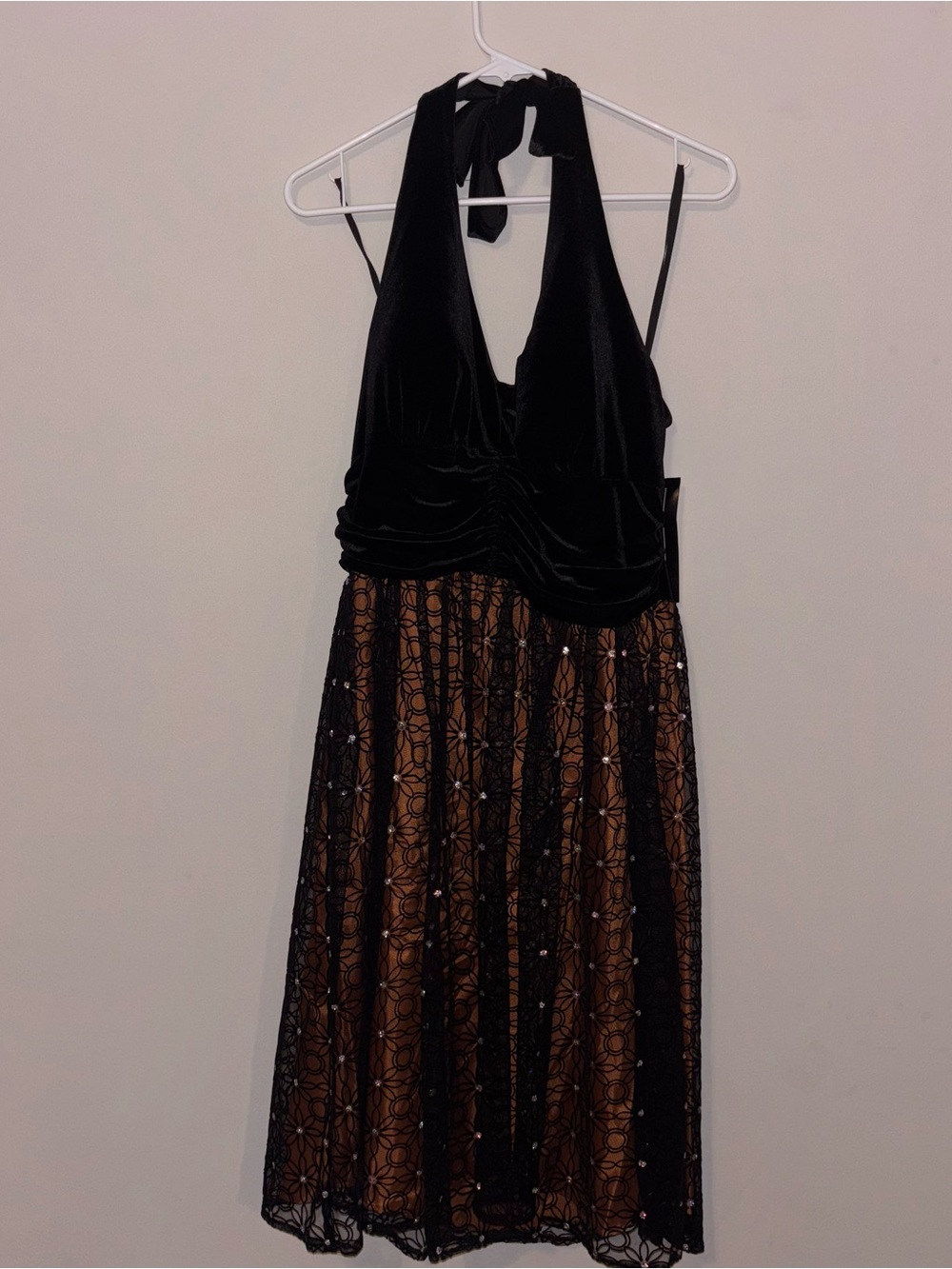 Jessica Howard Black Velvet Halter Dress with Lace Overlay
